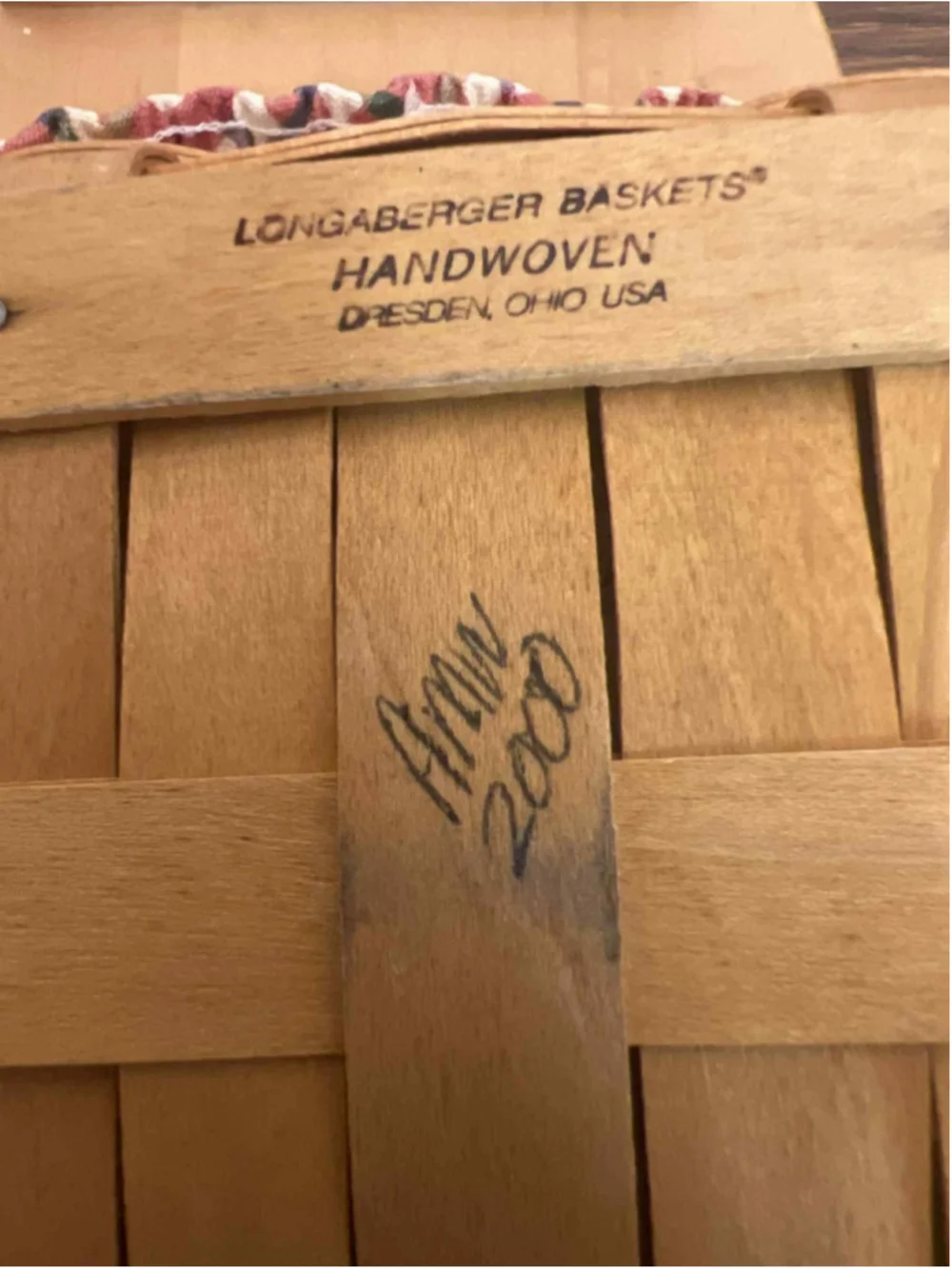Longaberger Basket 2000 AMW Signed Lid, Plaid Liner & Protector Handwoven USA